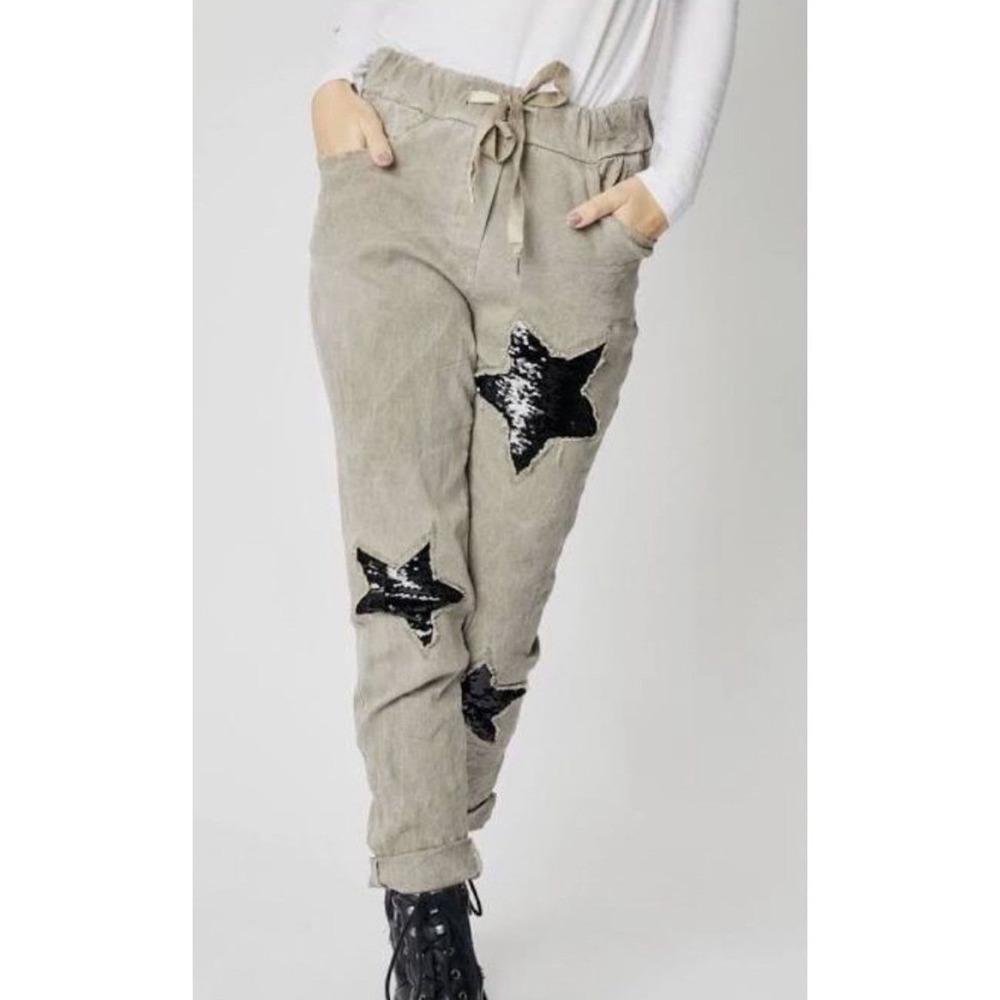 Venti6 Jogger Pants Women L Taupe Sequin‎ Star Patch Streetwear Made in Italy